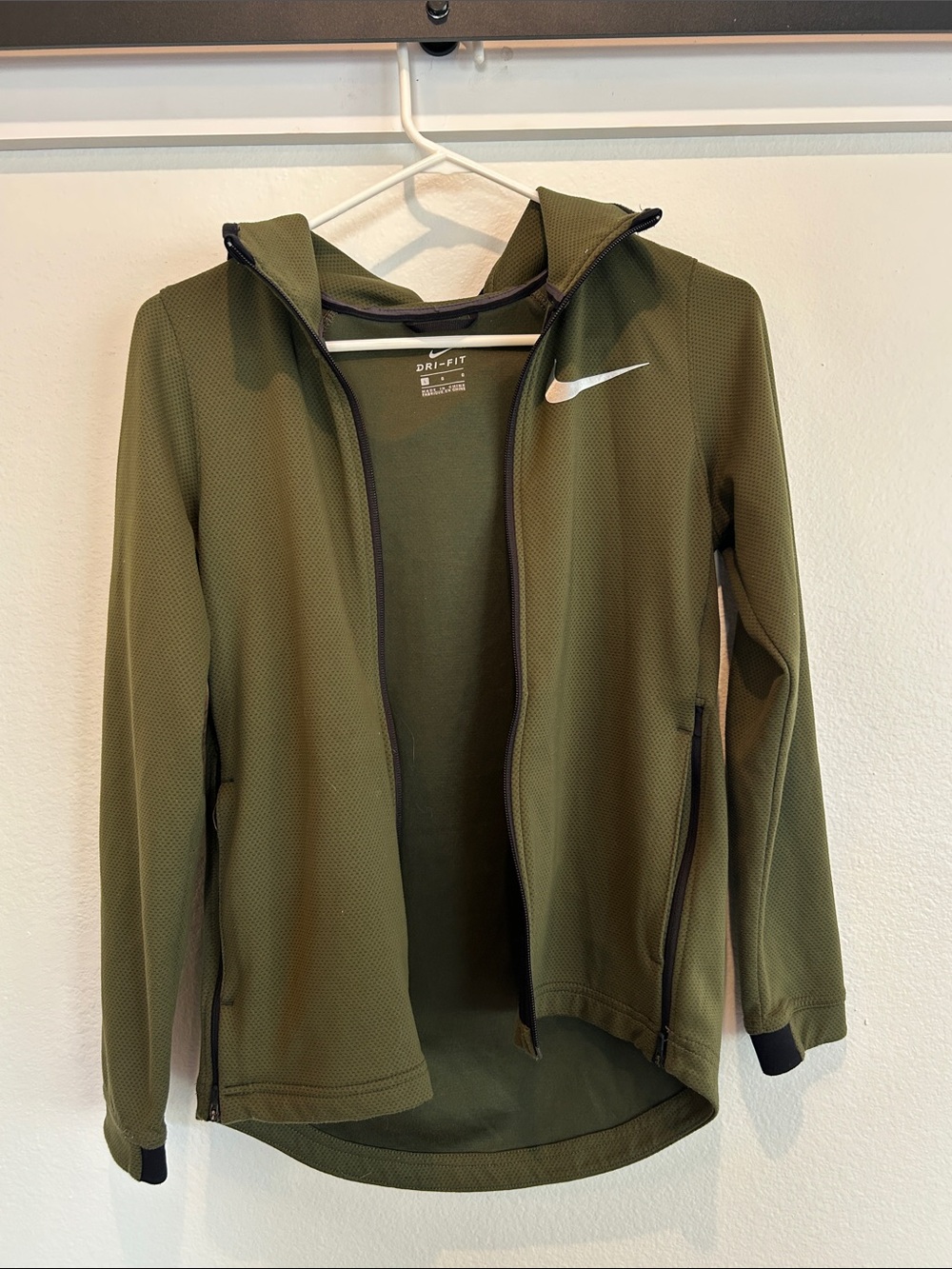 Nike Olive Green Full-Zip Hooded Jacket with White Swoosh